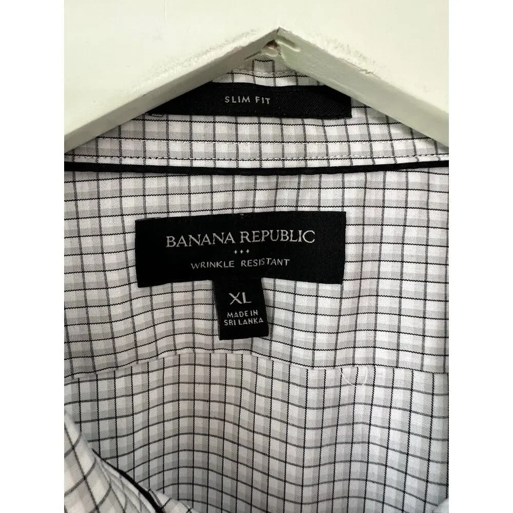 Banana Republic Wrinkle Resistant Slim Fit Gray Check Button Down Shirt XL